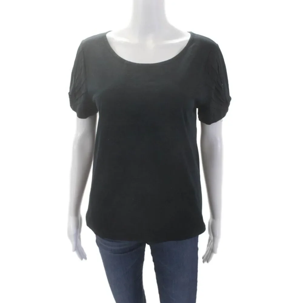 Fendi Womens Short Sleeve Round Neck Pleated Blouse Top Solid Blue Size S